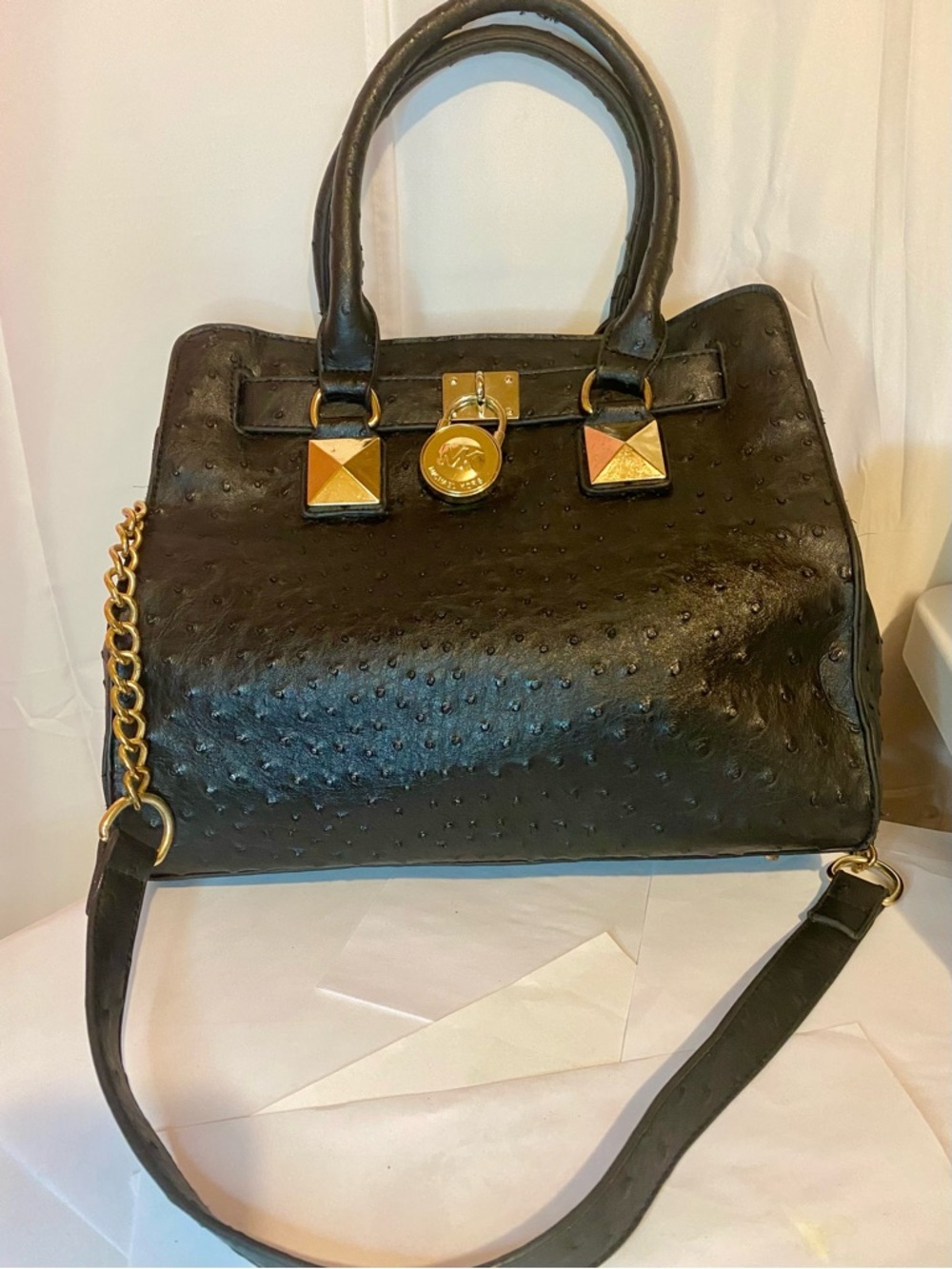 Vintage Michael Kors Black Ostrich-Embossed Satchel with Gold Hardware